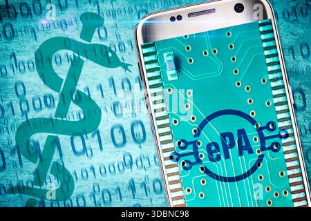 Cell phone with ePA lettering on the display, symbolic photo of electronic patient file, photomontage Stock Photo