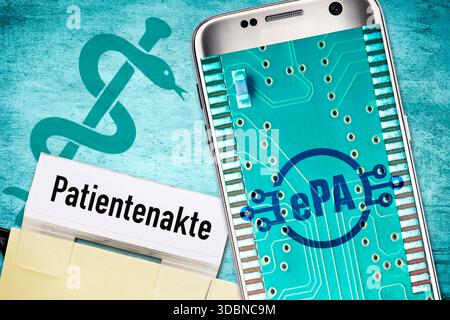 Cell phone with ePA lettering on the display, symbolic photo of electronic patient file, photomontage Stock Photo