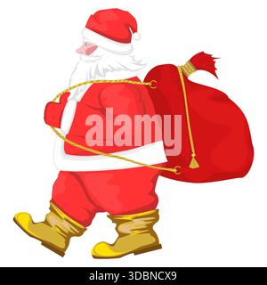 Illustration of Santa Claus carrying a large red sack of presents on his back on a white background Stock Vector