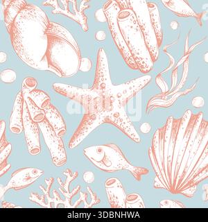 Seamless pattern with hand-drawn marine life illustrations. Underwater world concept for textile, wrapping paper, wallpaper, and fabric design. Ocean Stock Vector