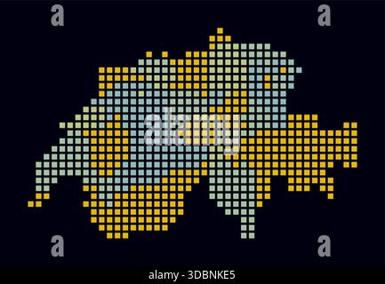 Switzerland dotted map. Digital style map of the country on dark background. Switzerland shape with square dots. Colored dots style. Stock Vector