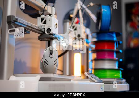 3D printer. Blank Empty 3D printer. 3D printer not working. Blank clean 3D printer desktop without printing process. Stock Photo