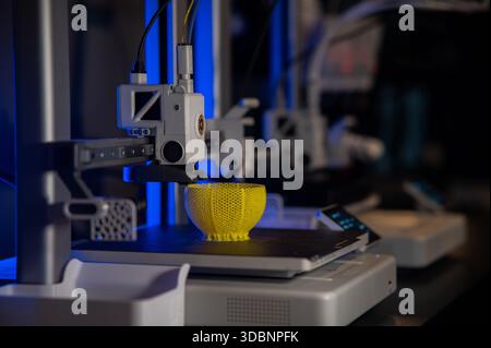 3D printer. Blank Empty 3D printer. 3D printer not working. Blank clean 3D printer desktop without printing process. Stock Photo