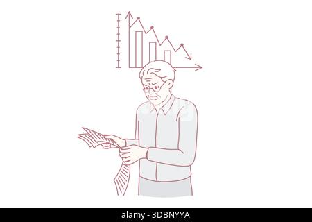 Negative statistics and bad news concept. Angry stressed mature old man standing reading newspaper with negative decreasing statistics feeling not satisfied vector illustration Stock Vector