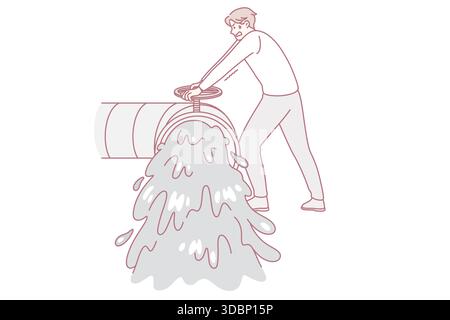 Struggle with oil trash concept. young stressed man standing trying to close pipe with running black oil products garbage from it vector illustration Stock Vector
