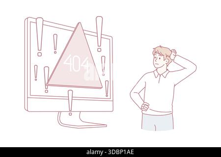 Confused male employee look at computer screen distressed with page not found error on device. Frustrated man stressed with pc malfunction, operational system breakdown. Vector illustration. Stock Vector