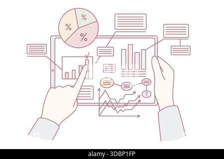 Business data and statistics concept. Human hands holding tablet with development statistics metadata on screen vector illustration Stock Vector