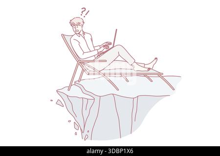 Earthquake and feeling panic concept. Young businessman sitting in chair with laptop and looking at abyss of sudden danger earthquake vector illustration Stock Vector