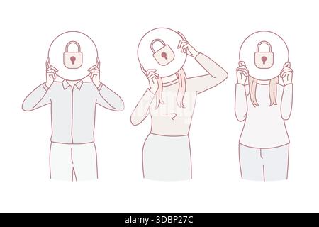 Diverse people in row hold papers with locks painted demonstrate safety and security. Employees or workers show web data protection or information reliability. Cyber privacy. Vector illustration. Stock Vector