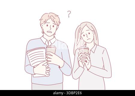 Stressed students with coffee to go and paperwork feel frustrated with exam preparation. Unhappy colleagues distressed with work deadline, prepare research. Overwork. Vector illustration. Stock Vector