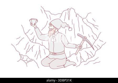 Mining diamonds and precious stones concept. Small smiling troll sitting with hammer holding huge blue diamond in hands vector illustration Stock Vector