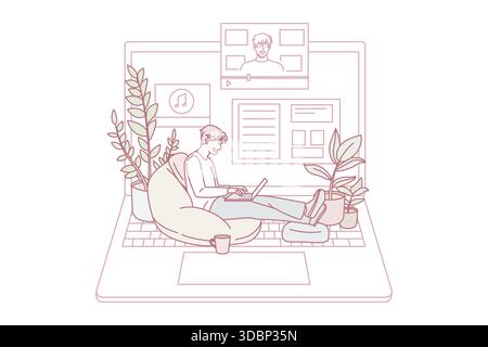 Man sit real on huge laptop watch online tutorial on gadget. Guy study on internet have webinar class or seminar. Blogging and broadcast. Distant education concept. Vector illustration. Stock Vector