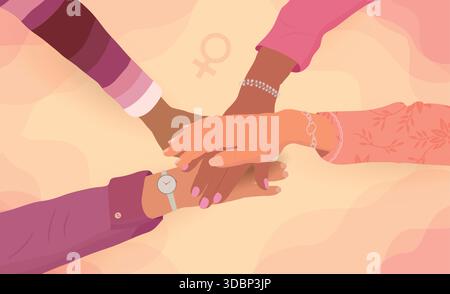 International Women s Day unity with hands stacked showing diversity equality and female empowerment Stock Vector