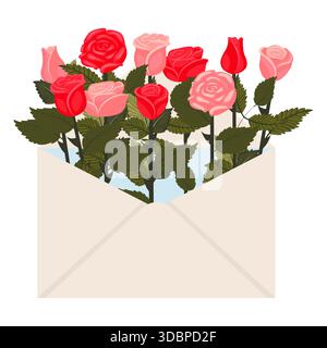 Bright red and pink roses in a postal envelope. Vector illustration on a white background. Stock Vector