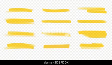 Yellow highlight and underline marks. Hand-drawn marker strokes isolated on semi-transparent backdrop Stock Vector