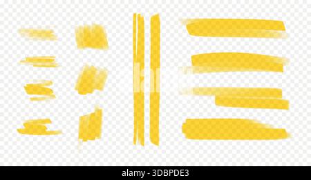 Highlights and underlines of yellow marker. Set of hand-drawn lines and marks isolated on transparent background. Stock Vector