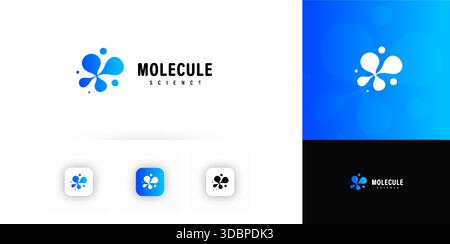 Molecule science logo with abstract blue molecular icon. Biotech, chemistry lab branding for app icon, startup, website header. Molecule logos Stock Vector