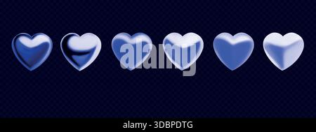 Holographic metal hearts. Set of 3d hologram icons isolated on transparent background Stock Vector