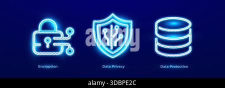 Data Encryption, Secure Encryption, Data Privacy Protection, Personal Data Protection, Database Security, Secure Data Storage Neon Icons Set for Stock Vector
