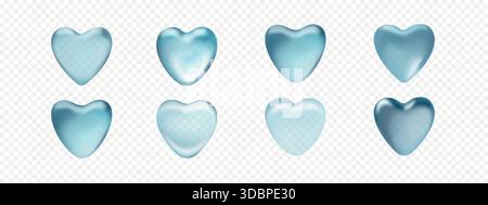 Transparent water drops in heart shape. 3D blue glass vector icons isolated on transparent background Stock Vector