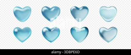 Transparent 3d water hearts. Set of glassy love symbols isolated on transparent background Stock Vector