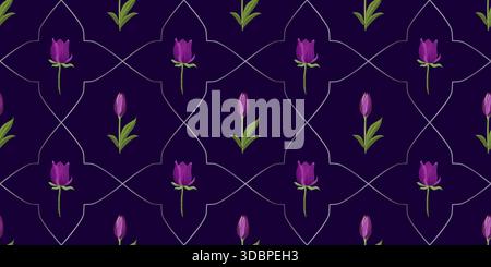 Vector seamless pattern with violet and lilac flowers in a geometric layout on a dark purple background. Ideal for fabric, wallpaper, packaging, stationery, and surface design. Stock Vector