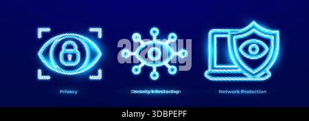 Data Privacy Protection Icons Set. Network Monitoring, Threat Detection, Cyber Intelligence Digital Neon Logo. Network Protection, Endpoint Security Stock Vector