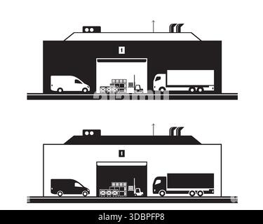 Forklift carry pallets to truck and van in warehouse - vector illustration Stock Vector