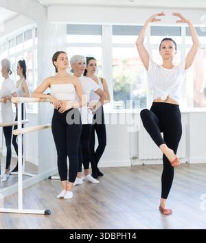 Visitors to choreographic class, observe professional rendering of dance elements performances couch Stock Photo