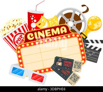 cinema auditorium with seats and signboard, popcorn, drink in paper cup, 3d glasses, tickets on screen. flat style icons. isolated vector illustration Stock Vector