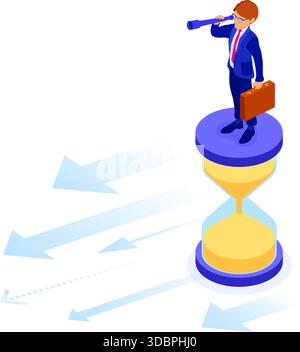 business success. isometric businessman stands on hourglass and looks through spyglass for new opportunities. time management, vision, planning, futur Stock Vector