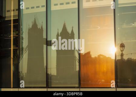 England, London, Tower Bridge Reflected in Office Tower Window Stock Photo