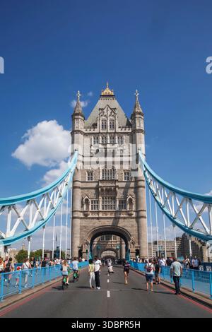 England, London, Tower Bridge and Empty Road with Pedestrians Stock Photo