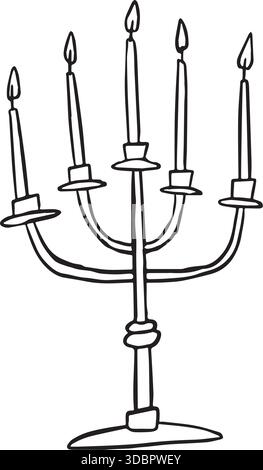 Hand Drawn Candelabra with Five Candles, Minimal Black Line vector illustration of Vintage Candle Holder. Isolated Elegant Sketch Icon for Holiday Stock Vector