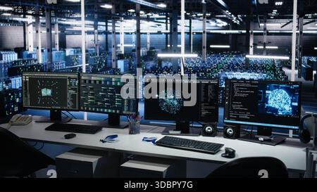 Data center computers showing neural network visualization and code debugging tools running. PC systems in server room powering machine learning and automated research tasks Stock Photo