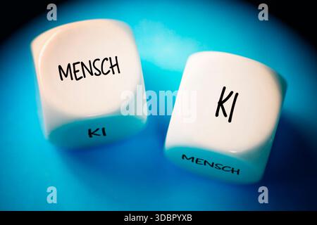 Two cubes labeled Human and AI, photomontage Stock Photo