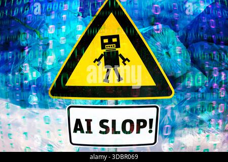 Danger sign with inscription AI Slop and binary code, photomontage Stock Photo