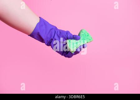Above is a photo of a cellulose sponge and purple gloves isolated on a pink background Stock Photo