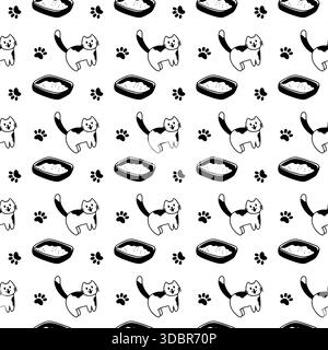 Seamless hand drawn pet pattern with cat, litter box and paw prints. Black and white vector background  Stock Vector