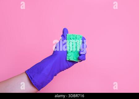 Above is a photo of a cellulose sponge and purple gloves isolated on a pink background Stock Photo