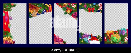 Winter holidays and Christmas photo frames, social media post templates with Xmas decorations and gifts. Vector vertical borders decorated with seasonal festive xmas elements pine branches and gifts Stock Vector