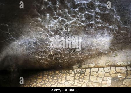 Peaceful abstract pattern of bright white water caustic reflection on dark concrete floor showing gentle movement and calm emotion with textured light Stock Photo