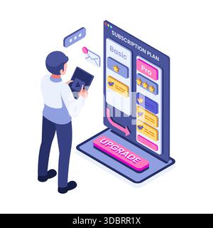 Isometric User Upgrading Subscription Plan from Basic to Pro. Subscription Business Model Concept Stock Vector