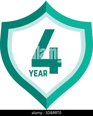 4 year Shield, warranty seal stamp, 4 warranty badge in Green, forth year cover symbol, Four year shield, Four year mark label Stock Vector
