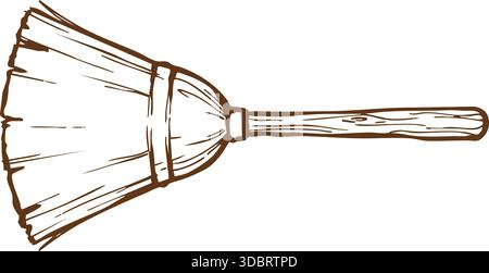 Traditional straw broom with a long wooden handle, rendered in rustic hand-drawn line art with visible bristle texture. Stock Vector