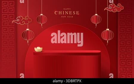 Podium stage chinese style for chinese new year and festivals or mid autumn festival with red background. mock up stage with festive lanterns. Stock Vector