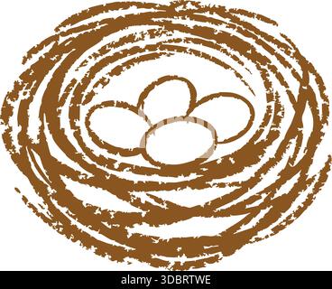 Hand-drawn bird nest with four eggs, illustrated in a rustic textured style with layered twigs forming a circular nest. Stock Vector