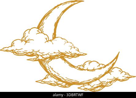 Whimsical crescent moon resting among fluffy clouds, drawn in a dreamy vintage line-art style for a peaceful night scene. Stock Vector