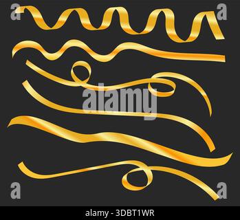 Elegant golden ribbon decorative swirl set luxury festive curved elements vector design on dark background Stock Vector