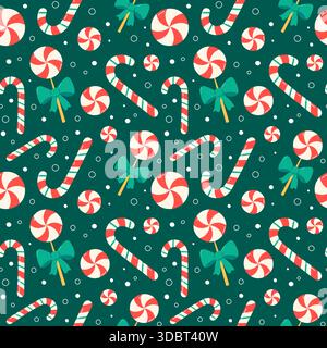 Christmas candy seamless pattern. Vector illustration of cute lollipops and candy canes on green background. Colorful festive Xmas pattern with simple Stock Vector